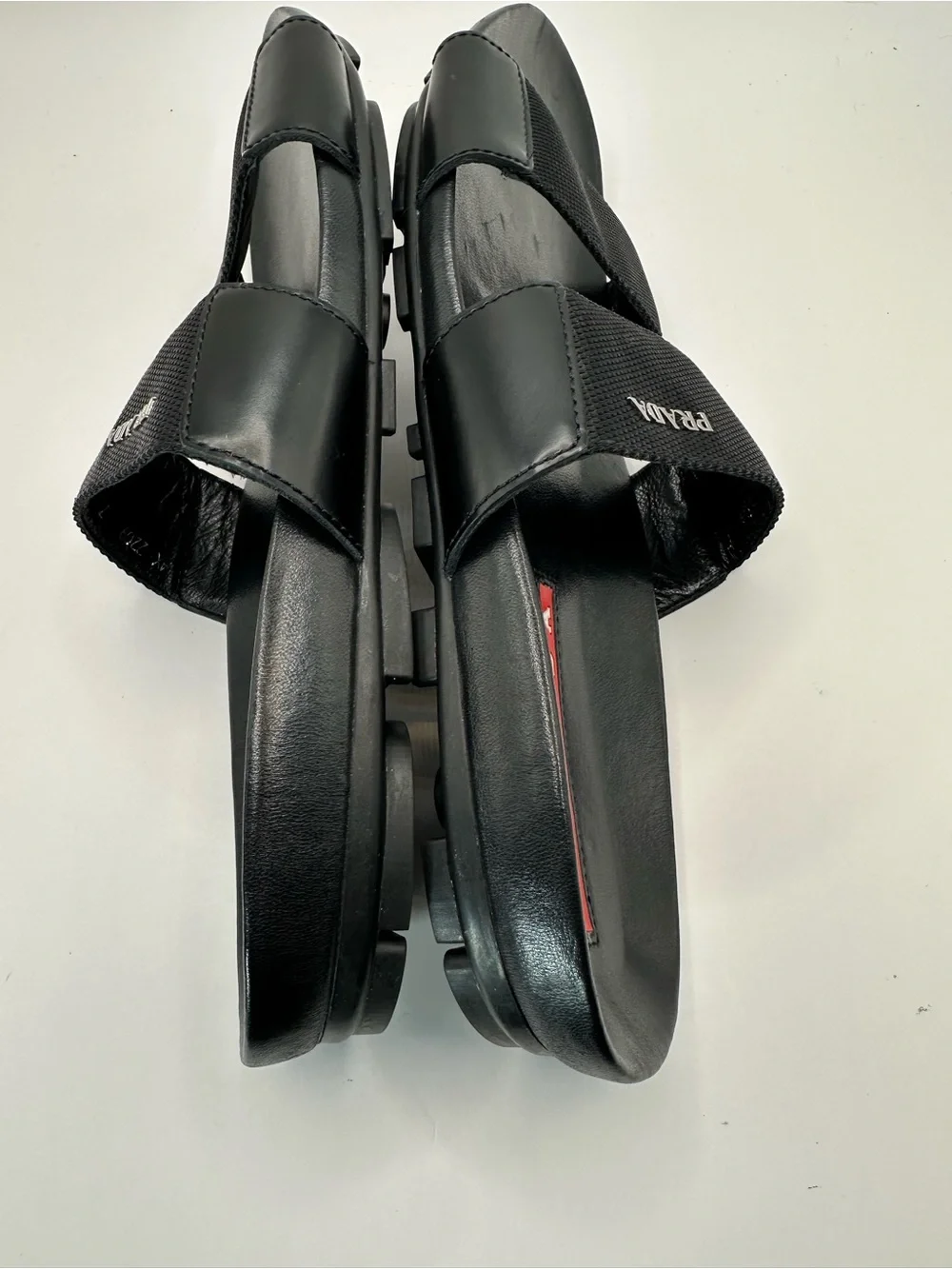 Prada Black Leather and Fabric Double-Strap Slides with Red Insole Detail